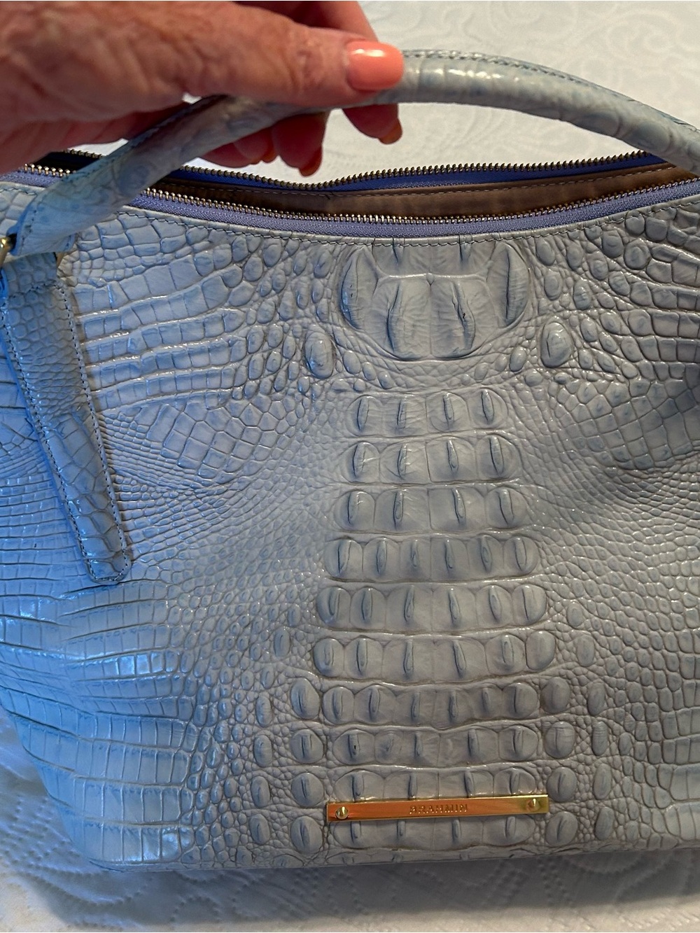 Croc-Embossed Light Blue Tote with Gold Plaque